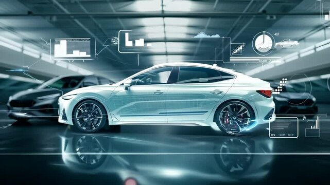 Car hologram futuristic hologram EV cars dealer engineer showroom hangar electric vehicle interactive automobile model development test drive future carbon-free emissions clean energy transportation