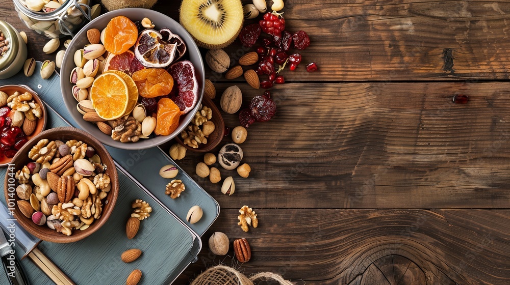 Poster an inviting display of dried fruits and nuts offers a nutritious energy snack, perfect for a mid-aft