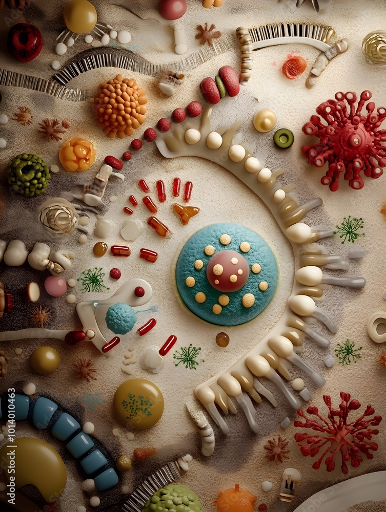 Poster detailed microscopic of the insulin molecule surrounded by various cellular organelles and intricate