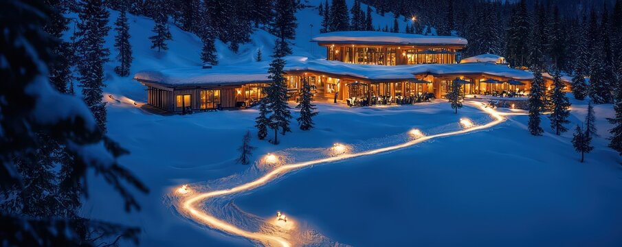 A winter ski lodge with exterior path lighting embedded in the snow, guiding guests safely while creating a magical nighttime landscape