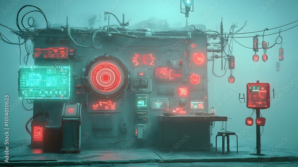 Poster moody and ominous digital environment with intricate data structures glowing technological interface