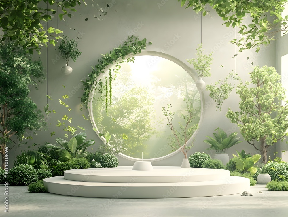 Poster elegant 3d studio space with a lush verdant foliage backdrop a minimalist white podium display and d