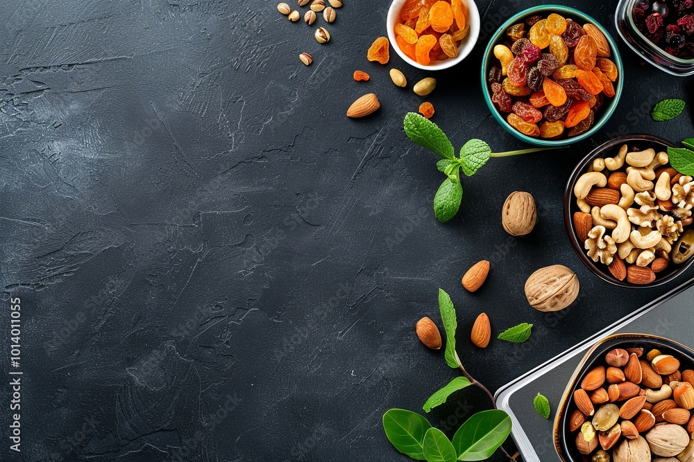 Aufkleber an assortment of vibrant dried fruits and mixed nuts is beautifully arranged on a dark surface, perf