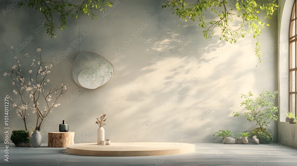Poster tranquil 3d studio room with nature themed background empty product podium and warm natural lighting