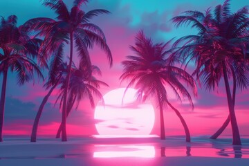 A tropical scene with a pink and blue sky and three palm trees, generative ai image