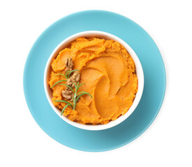 Delicious mashed sweet potatoes with walnuts and rosemary in bowl isolated on white, top view