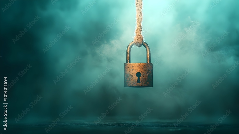 Poster suspended padlock floating in a dreamy atmospheric cloud of hazy opaque fog with a soft glowing ligh