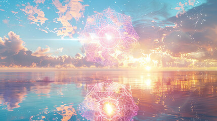 A visual of a dream filled with spiritual symbols, such as light, water, and sacred geometry.