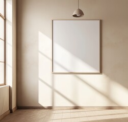A blank white picture frame hanging on an empty wall, light gray walls with a beige ceiling, a modern interior design, a hanging lamp