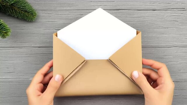 charming stopmotion video featureswhite envelope opening ongray wooden background revealingkraft paper card while surrounded festive Christmas tree branches new year copy space greeting merry green