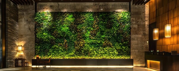 An eco-friendly boutique hotel lobby with a living green wall illuminated by carefully positioned LED lights that highlight the natural beauty of the plants