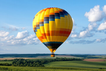 Obraz premium Hot air balloon floating in blue sky surrounded by soft clouds