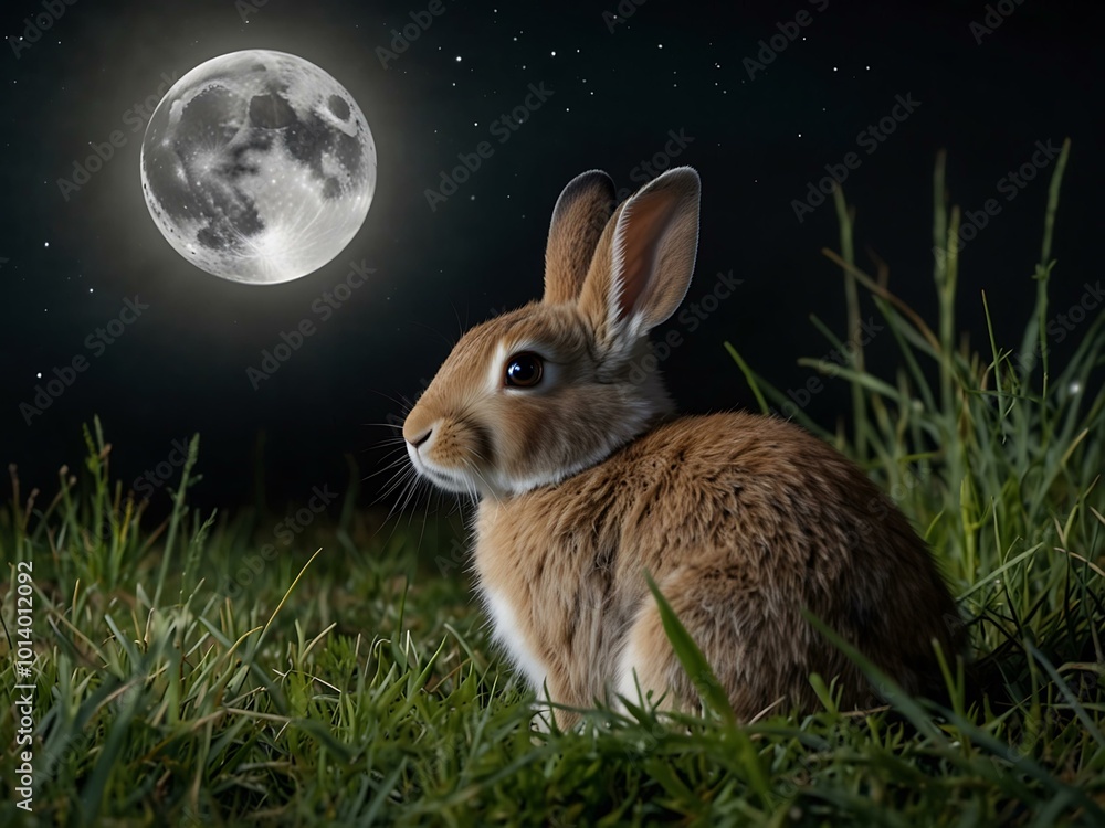 Aufkleber a rabbit resting in grass with a full moon behind it.