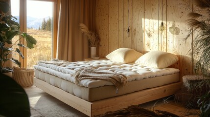 An eco-friendly hotel room with natural latex mattresses, organic wool blankets, and walls made of sustainable wood