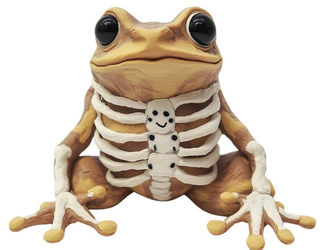 Endearing clay frog in a skeleton costume captures the spirit of Halloween in a whimsical cartoon style, perfect for celebrating the holiday with cuteness and creativity.