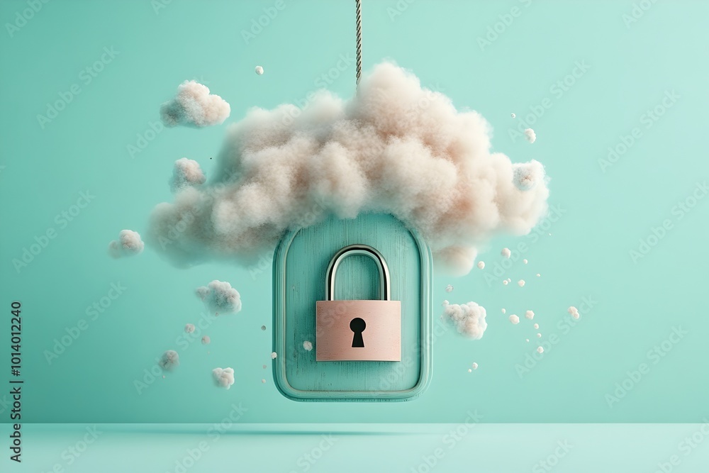 Poster a padlock the solid symbol of security is shrouded in a fluffy cloud like apparition drifting effort
