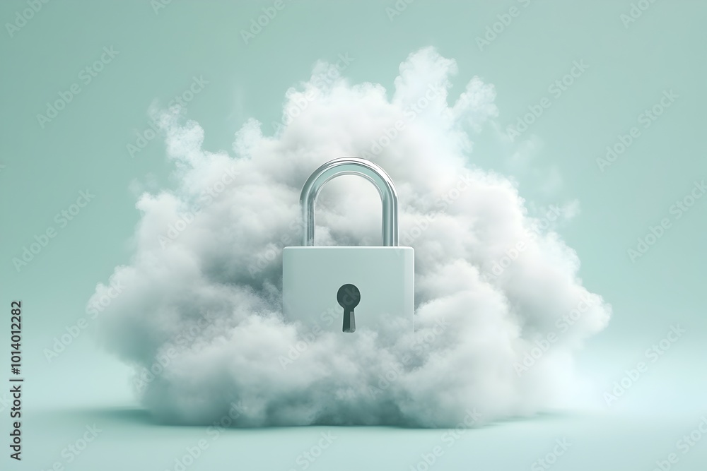 Poster ethereal padlock submerged in a fluffy billowing cloud of diaphanous dreamlike vapor against a tranq