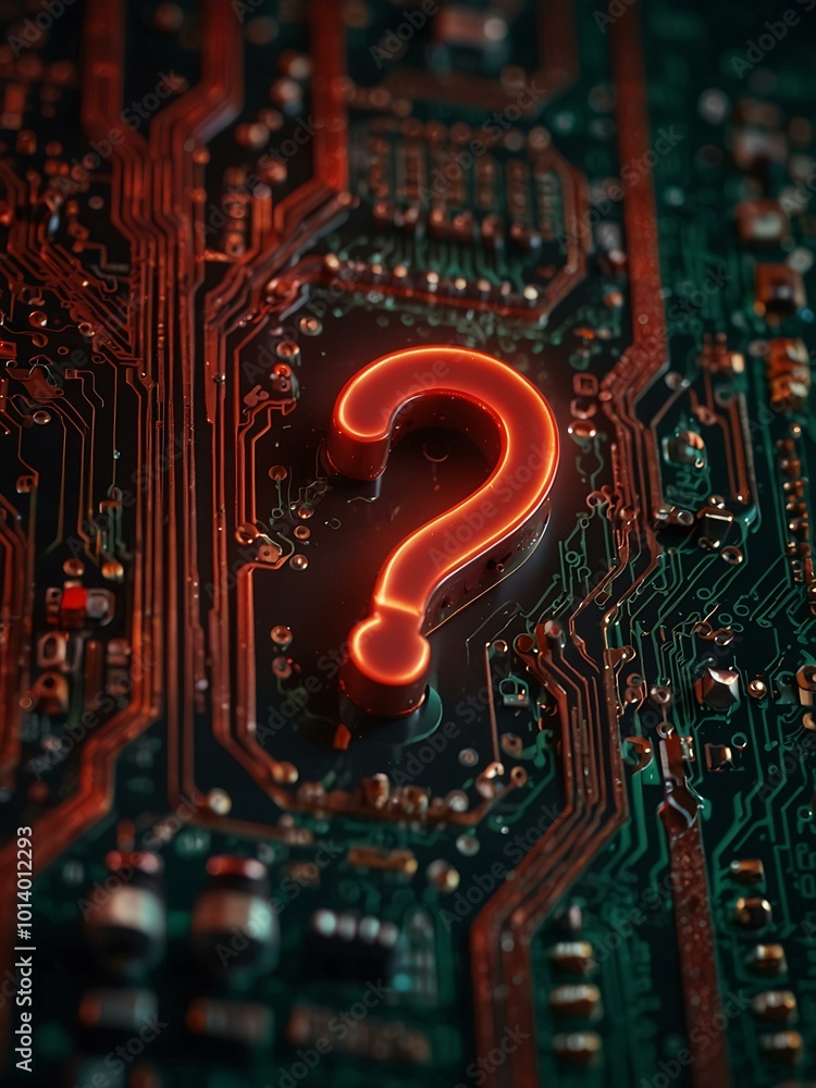 Poster a red luminous question mark on a circuit board.