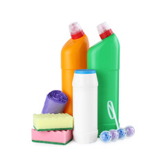 Different toilet cleaners, sponges and trash bags isolated on white