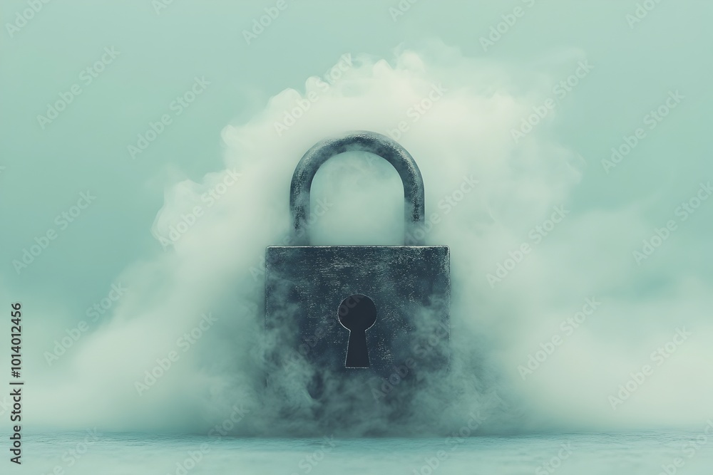 Poster ethereal padlock submerged in a fluffy cumulous cloud of billowing diaphanous vapor wrapped in a tra