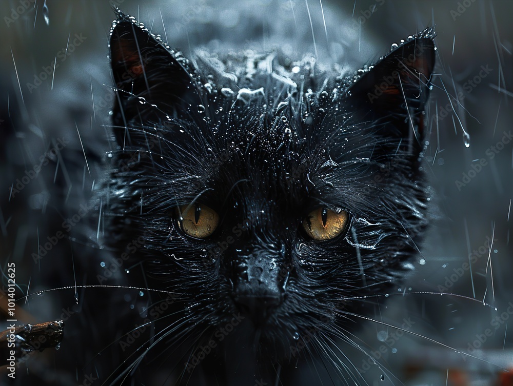 Poster Black Cat in the Rain - Close Up Portrait