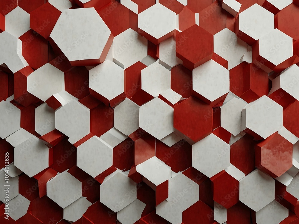 Poster a repeating pattern of red and white hexagons in a striking geometric design.