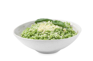 Tasty spinach risotto with parmesan cheese isolated on white