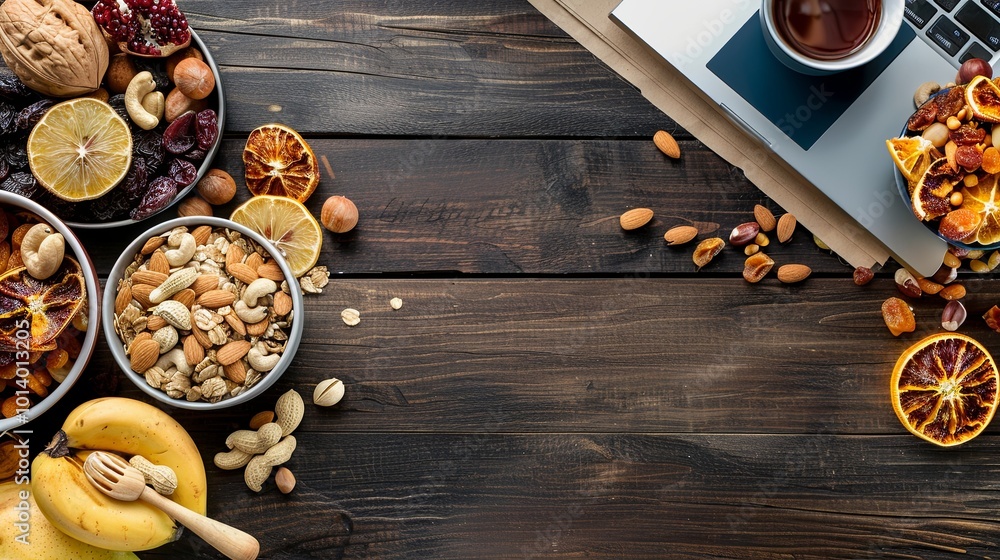 Poster various bowls filled with nuts and dried fruits are set on a wooden table next to a laptop, creating