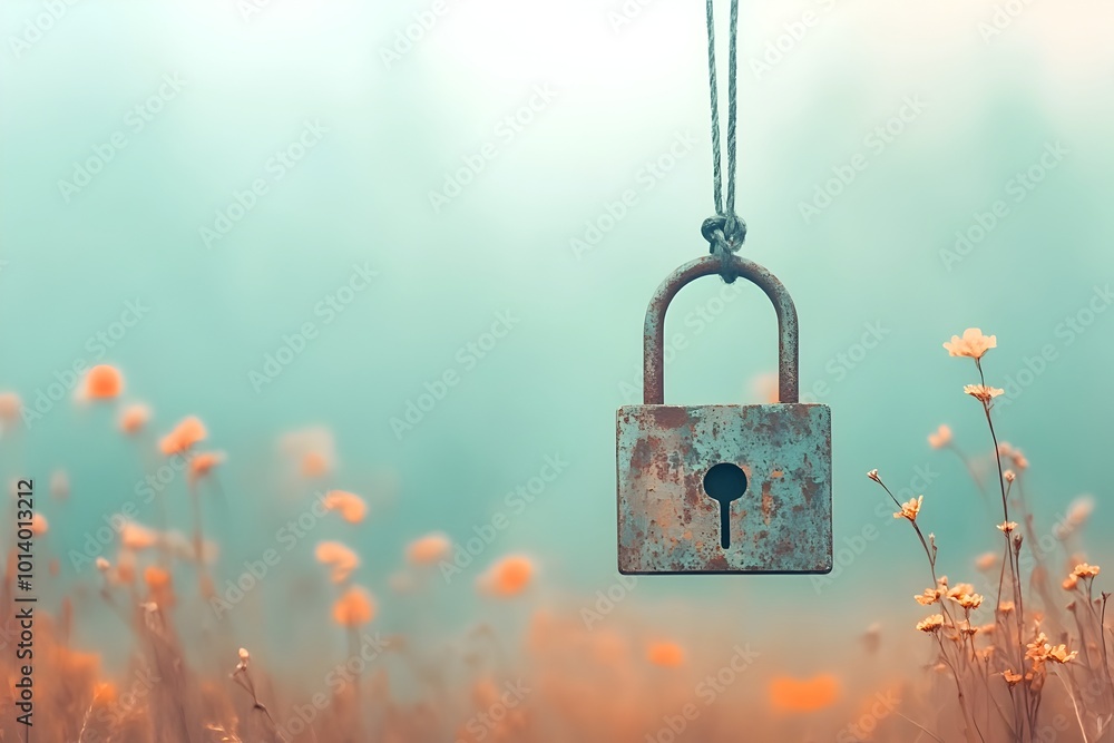 Poster padlock floating in a hazy fog filled atmosphere captured with a soft focus an impressionistic oil p