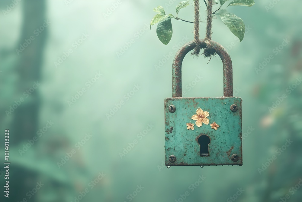 Poster mysterious padlock shrouded in a hazy whisper like veil of wispy diaphanous fog with chiaroscuro lig