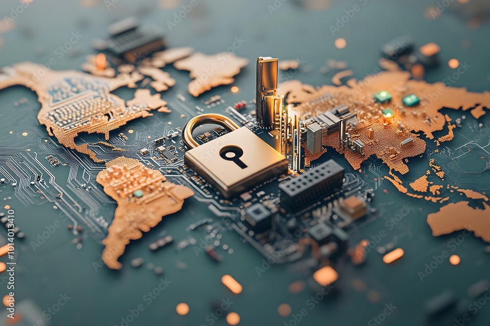 Poster Secure Digital Ecosystem Padlock Icon on Global Cartographic Overlay with Integrated Circuit Board Visuals Representing Data Encryption Information Security Technology and Digital Artwork