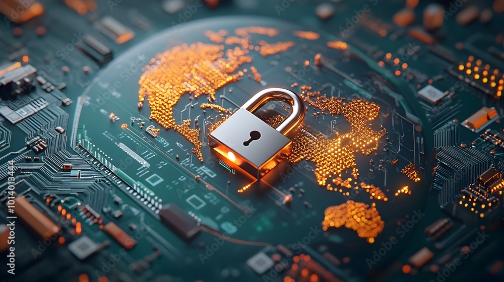 Poster padlock on a global sphere amidst a detailed circuit board pattern representing digital asset protec