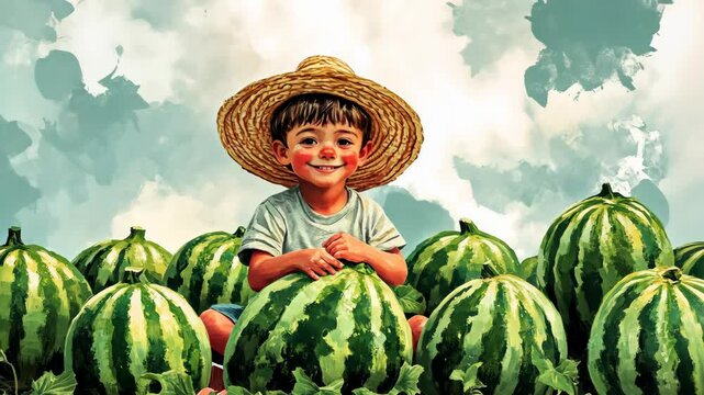 A young boy with a straw hat smiles brightly while surrounded by ripe watermelons in a field