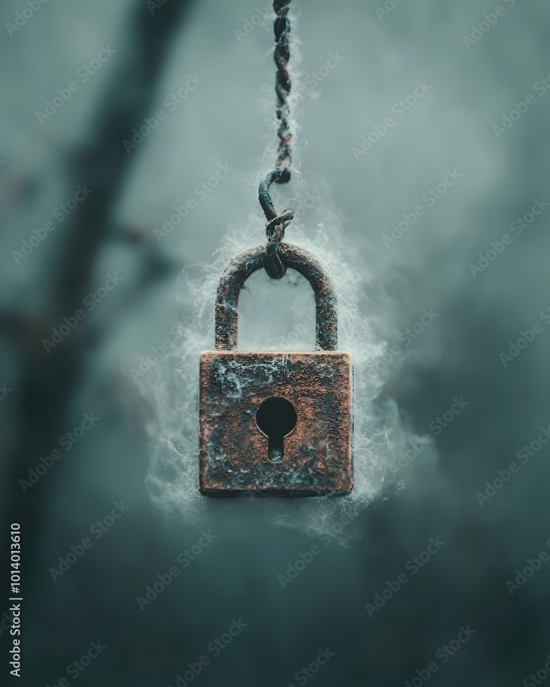 Poster a padlock obscured in a hazy iridescent mist its details concealed yet imbued with a captivating eth