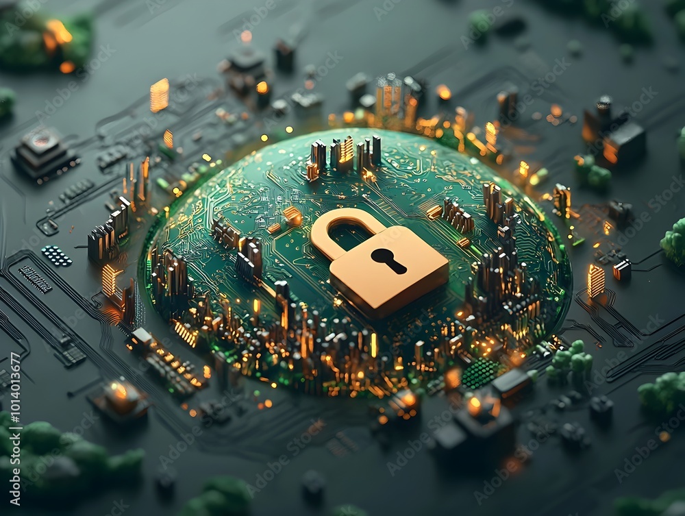 Poster padlock icon on rotating digital earth with circuit boards and microchips symbolizing global interne
