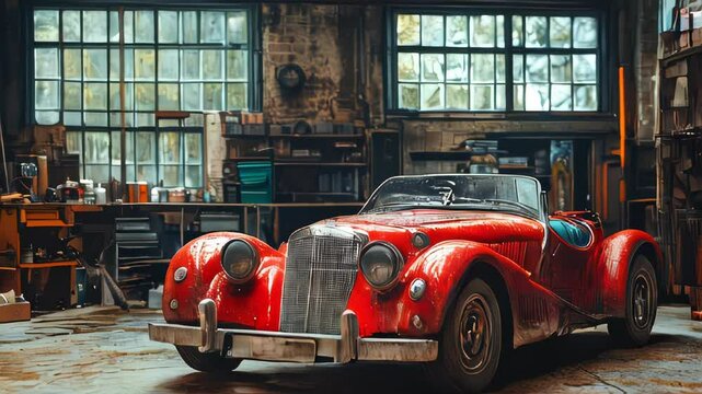 Vintage racing car with a classic design, parked in a sleek industrial garage