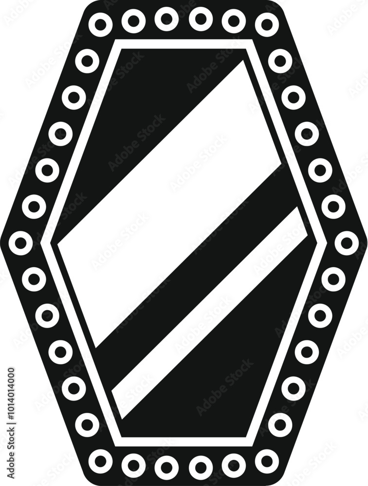Poster hexagon mirror with circle frame reflecting light icon in simple style on a white background