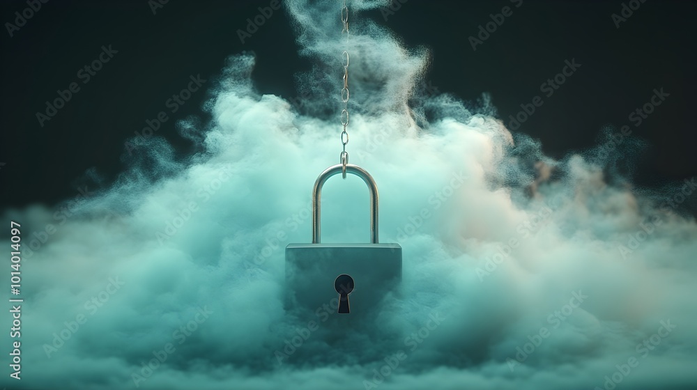 Poster padlock suspended in a dreamy atmospheric cloud of hazy opaque fog delicate yet enigmatic with a sof