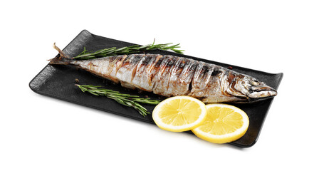 Delicious grilled mackerel, rosemary and lemon isolated on white