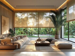 modern living room with automated roller blinds covering large windows featuring a blend of contemporary furniture and lush palm trees creating a stylish and relaxing ambiance