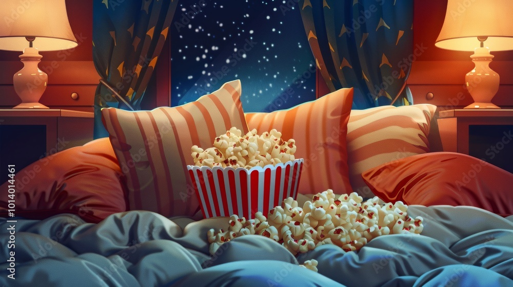 Poster a comfortable bed adorned with soft pillows and a large bowl of popcorn, creating a perfect environm