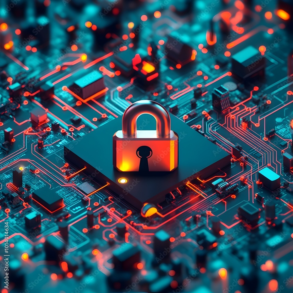 Poster padlock icon symbolizing data protection embedded in complex circuit board terrain representing a gl