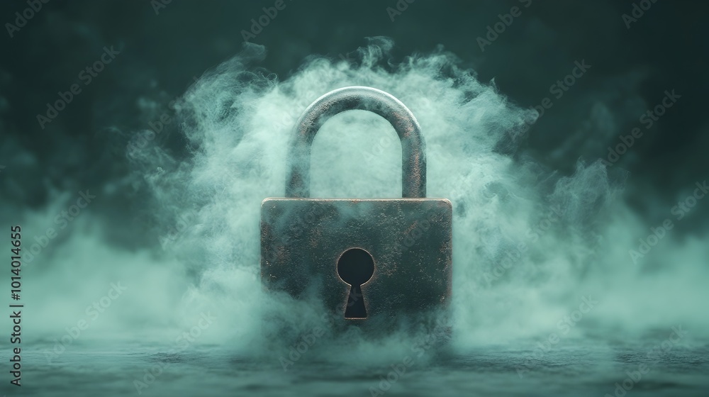 Poster padlock enveloped in a wispy ethereal cloud of delicate cinematic light and shadow with soft hazy fo