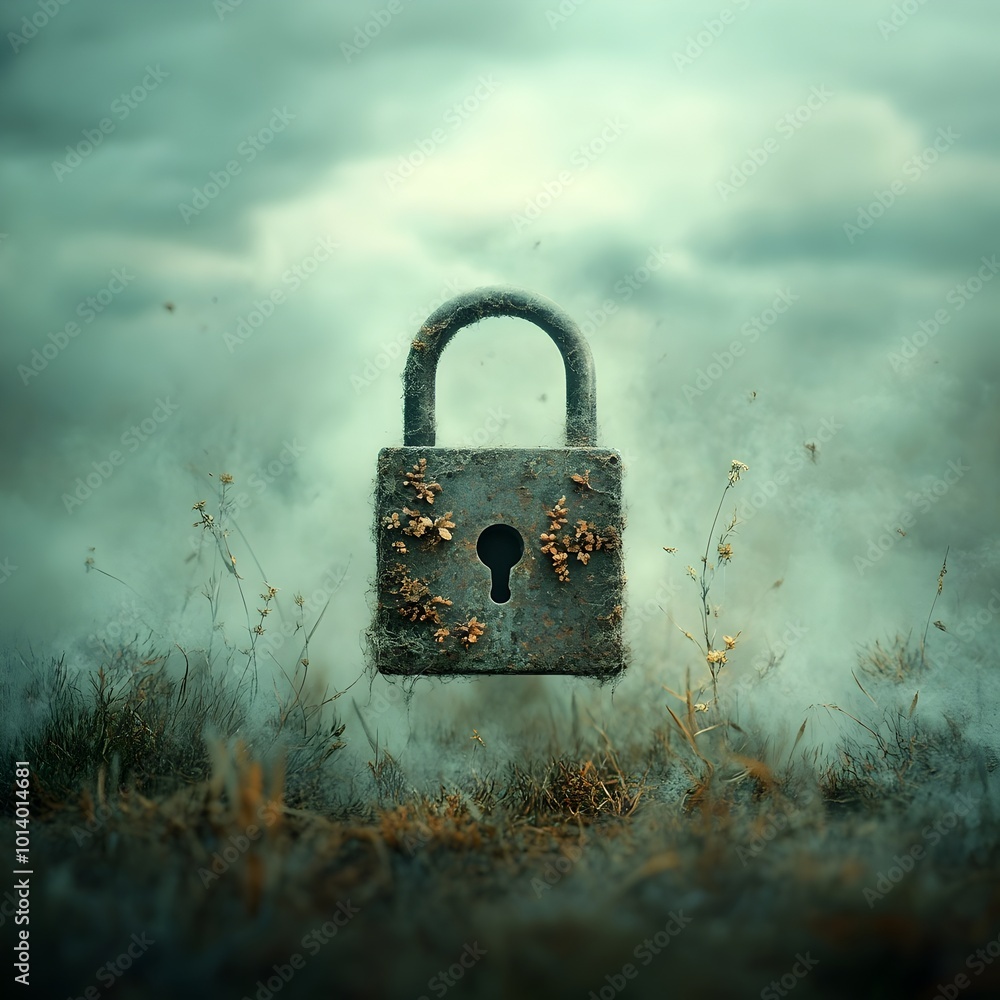 Poster padlock enveloped in a shroud of misty phantasmal wisps with a diffuse atmospheric visual and a surr
