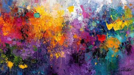 An oversized abstract painting with vibrant splashes of color and visible brush strokes on a textured canvas