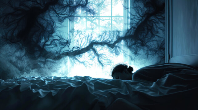 A visual of a person waking up in distress, haunted by a vivid nightmare, with dark, ominous imagery in the background.