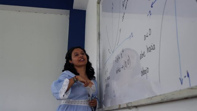 Profe matematicas comparando graficas en el tablero para explicar a sus estudiantes latinoamericanos