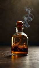 A small amber bottle emits wisps of smoke in a serene, mysterious setting.