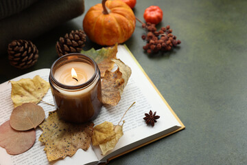 Burning candle, autumn decor and open book on green background. Space for text