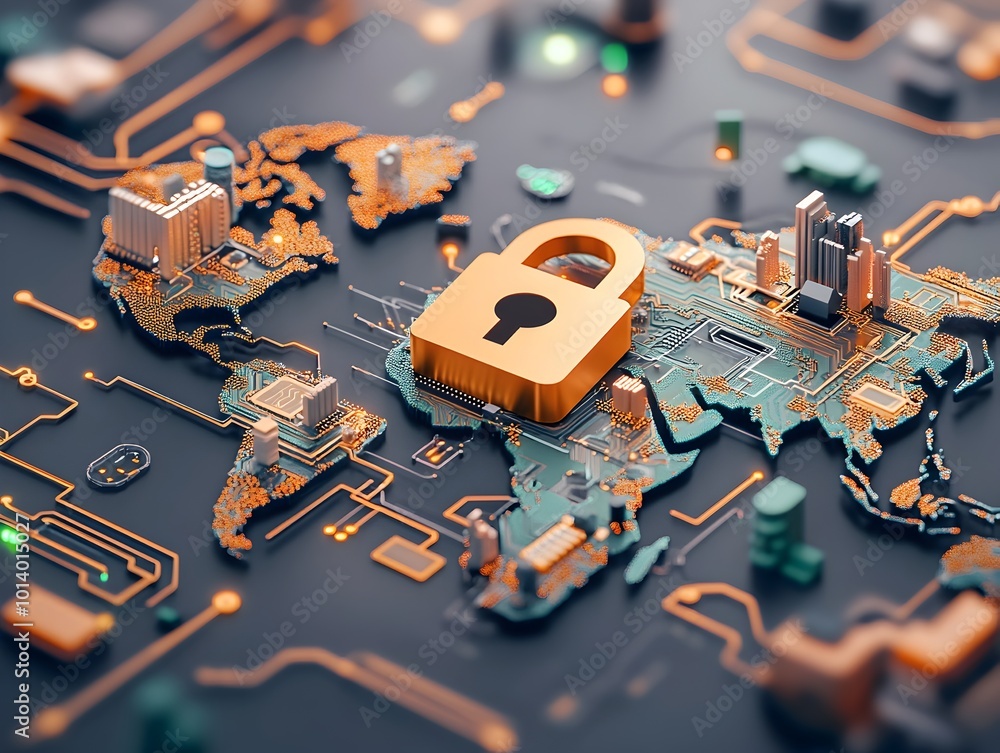 Poster digital security infrastructure with padlock symbol and circuit traces across a world map showcasing